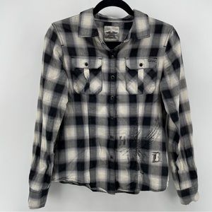 Harley Davidson Womens Button Up Shirt Black White Plaid Eagle 100% Cotton S